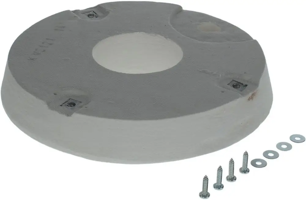 Bosch Wärmeschutzschild in runder Form mit zentralem Loch und Befestigungsmöglichkeiten. Neben Schrauben und Unterlegscheiben aus Metall.